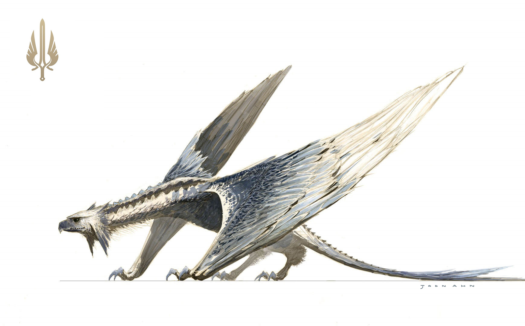 the image is a digital illustration of a wyvern, a mythical creature with the body of a reptile, two legs, and two wings. the wyvern is shown in profile, facing left, with its wings partially spread. it has a long, serpentine neck and tail, sharp claws, and a beaklike snout with visible teeth. the creature's scales are predominantly white and gray, with some brown detailing. the style of the illustration suggests it may be concept art for a video game or fantasy book.