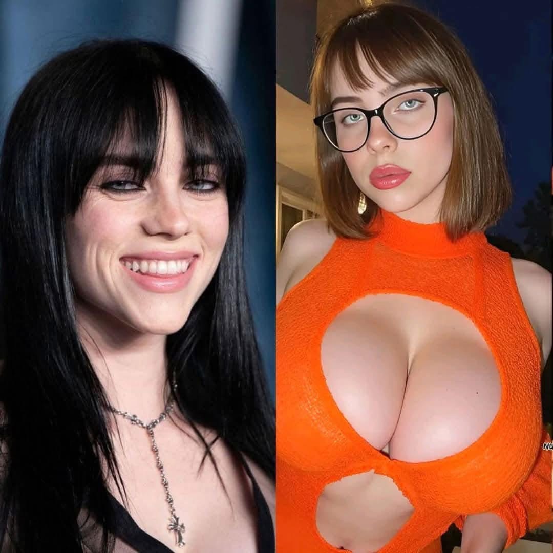 the image shows a sidebyside comparison. on the left is billie eilish smiling, wearing a black top and a silver necklace. on the right is a woman dressed as velma dinkley from scoobydoo, wearing an orange turtleneck top with a large circular cutout revealing cleavage, glasses, and brunette hair in a bob cut. the velma image has been enhanced to emphasize the bust.