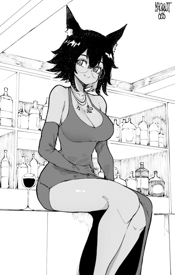 this black and white image depicts a woman with animestyle features, large eyes, and cat ears sitting at a bar counter. she has black hair and is wearing a black dress and glasses. she is also holding a wine glass in her left hand. in the background, there are many bottles of liquor on shelves.