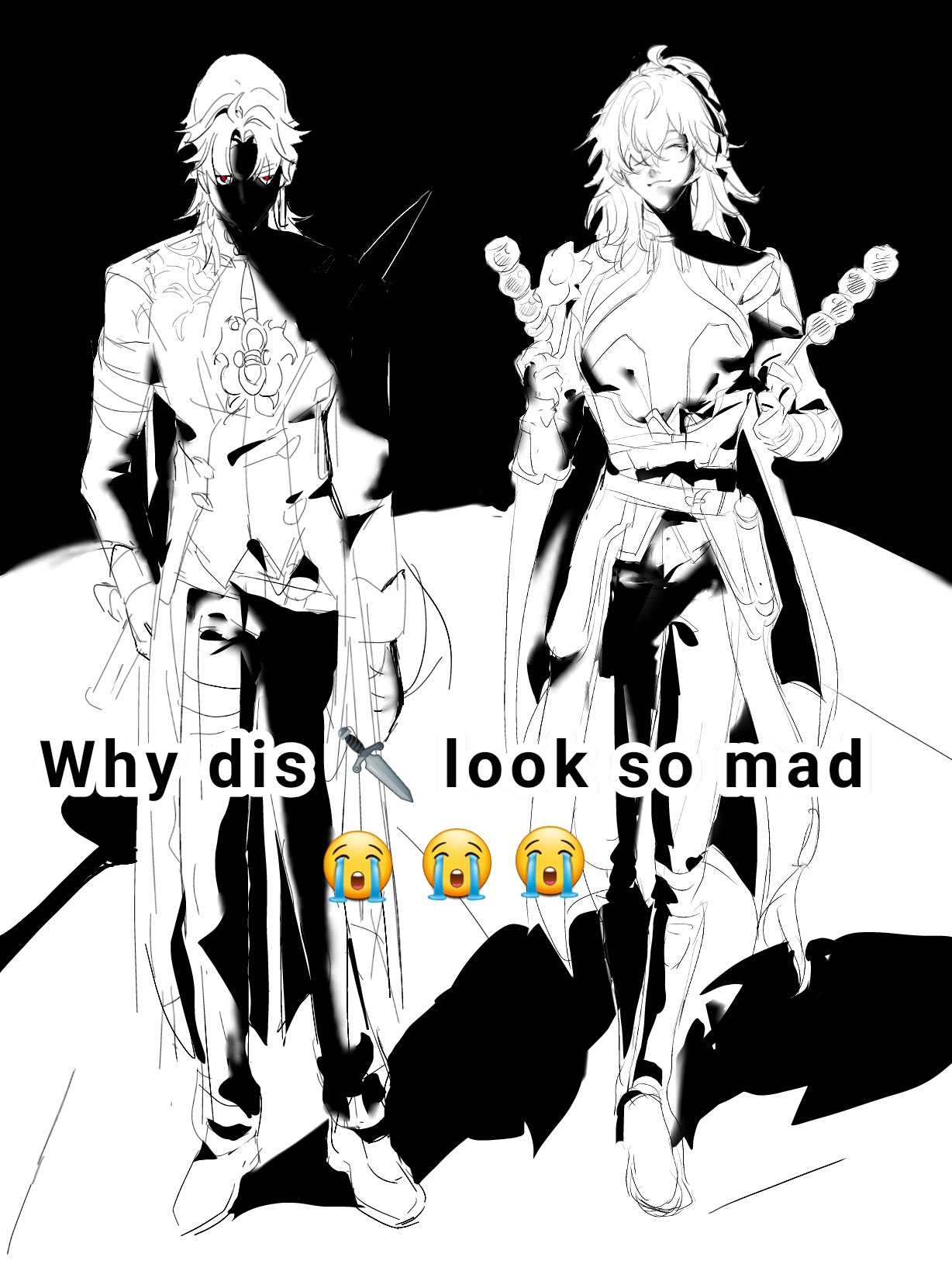 two anime characters standing side by side, in black and white. the left character is holding a sword and the right character is holding a sword and what looks to be skewers of food. both characters have a angry expression on their face and both characters are looking forward. the image is captioned "why dis look so mad" with crying emoji faces next to the text.