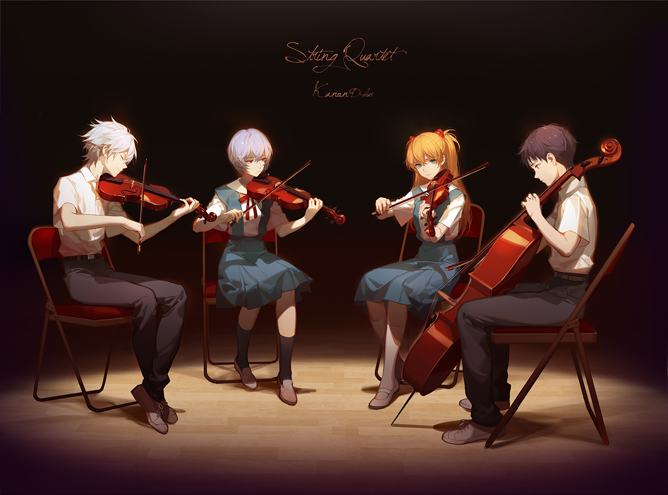 four anime characters are playing musical instruments as part of a string quartet. from left to right, kaworu nagisa and rei ayanami are playing violins, asuka langley soryu is also playing a violin, and shinji ikari is playing the cello. all four characters are sitting on red folding chairs on a wooden stage with a dark background. they are wearing variations of school uniforms. the title "string quartet" and the artist's signature "kanan dola" are written above them in a stylized script.