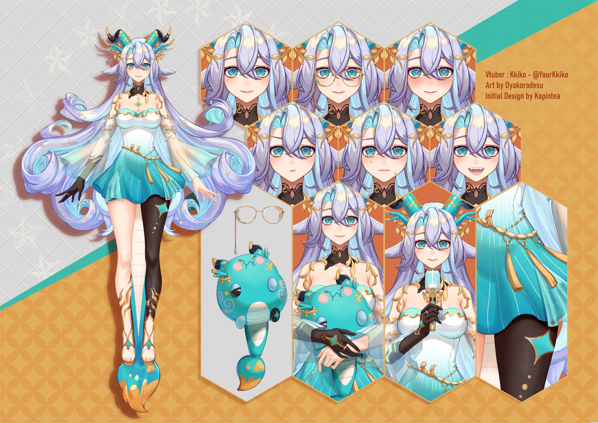 this is a digital illustration of an anime character with long blue hair, she is wearing a white dress with blue and green accents, and standing in a cute pose with a big smile on her face. the character has a cute fluffy pet in her arms and there are different facial expressions for the character placed in the background. the image is vibrant and colorful, featuring soft colors and subtle lighting. the character has a cute and friendly expression.