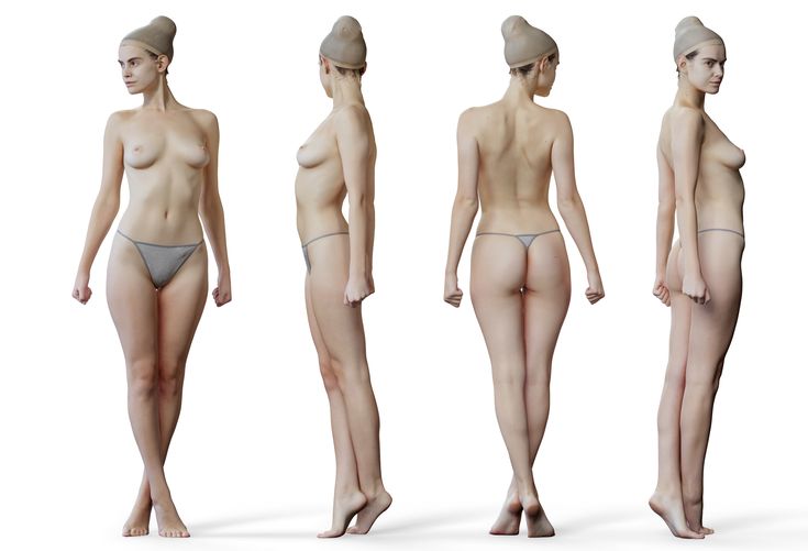 the image showcases a 3d render of a female model in a minimalist style.  she is presented in a fourview composition, showcasing her form from the front, back, left, and right sides. the model stands against a stark white background, drawing all attention to her pose and physique. she wears a simple gray beanie and matching underwear, maintaining a neutral and unembellished aesthetic.  the lighting is soft and diffused, minimizing harsh shadows and highlighting the contours of her body.