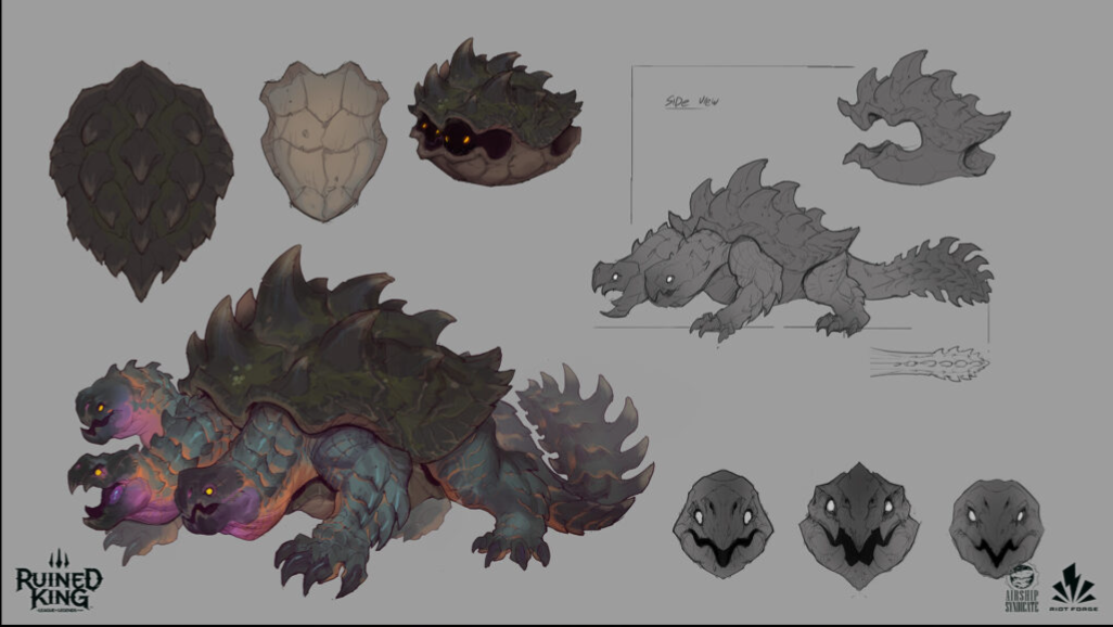 his image showcases concept art for a threeheaded turtle monster, likely for a video game.  the main focus is a detailed illustration of the creature, showcasing its textured shell, spiky back, and three snarling heads.  accompanying this are various sketches, including different views of the creature (side view), closeups of the heads, and explorations of its shell design as a potential shield. the art style is dark fantasy, with a focus on creating a menacing and powerfullooking beast.  watermarks indicate the art is for "ruined king" by riot forge, developed by airship syndicate.