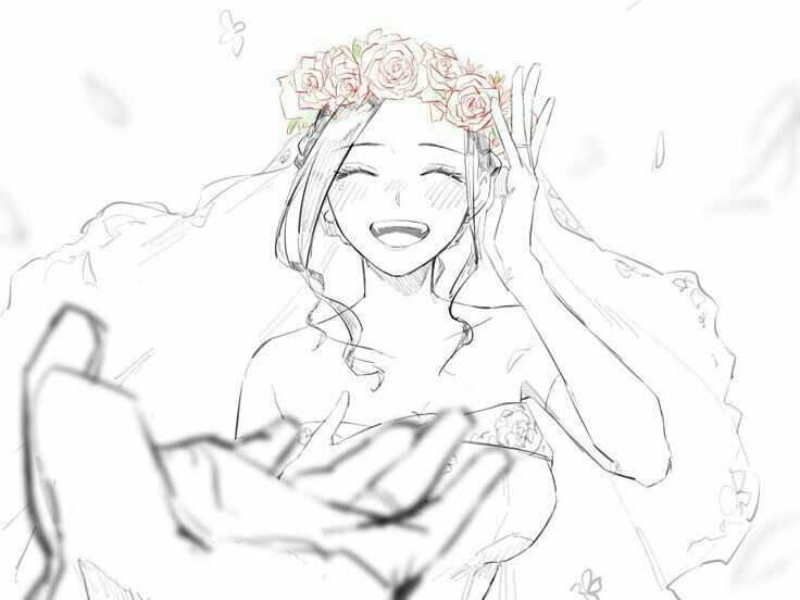 a black and white drawing of an anime girl in a wedding dress and a flower crown smiling happily.  she is surrounded by flowers and her veil is blowing in the wind. she appears to be looking at someone offscreen.  there are blurred lines surrounding her and the person she's looking at. the art style is simple and delicate.