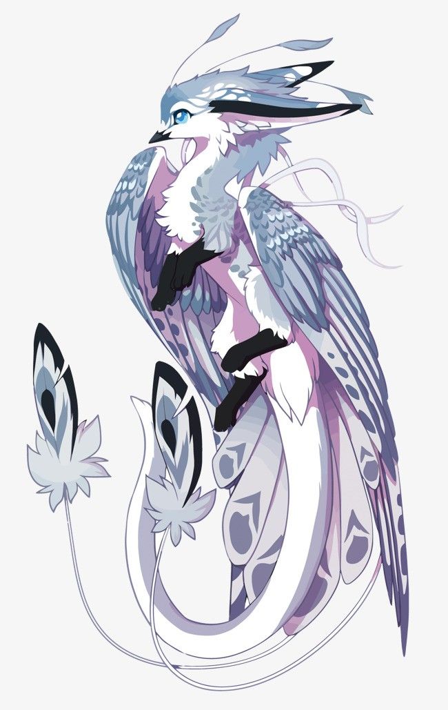 a fantasy creature, resembling a bird, with large, feathered wings and a long, flowing tail. the creature is white with purple and blue markings. it has a fluffy, white head with large blue eyes. the image is a digital illustration done in a soft, pastel style. the creature looks happy and friendly.