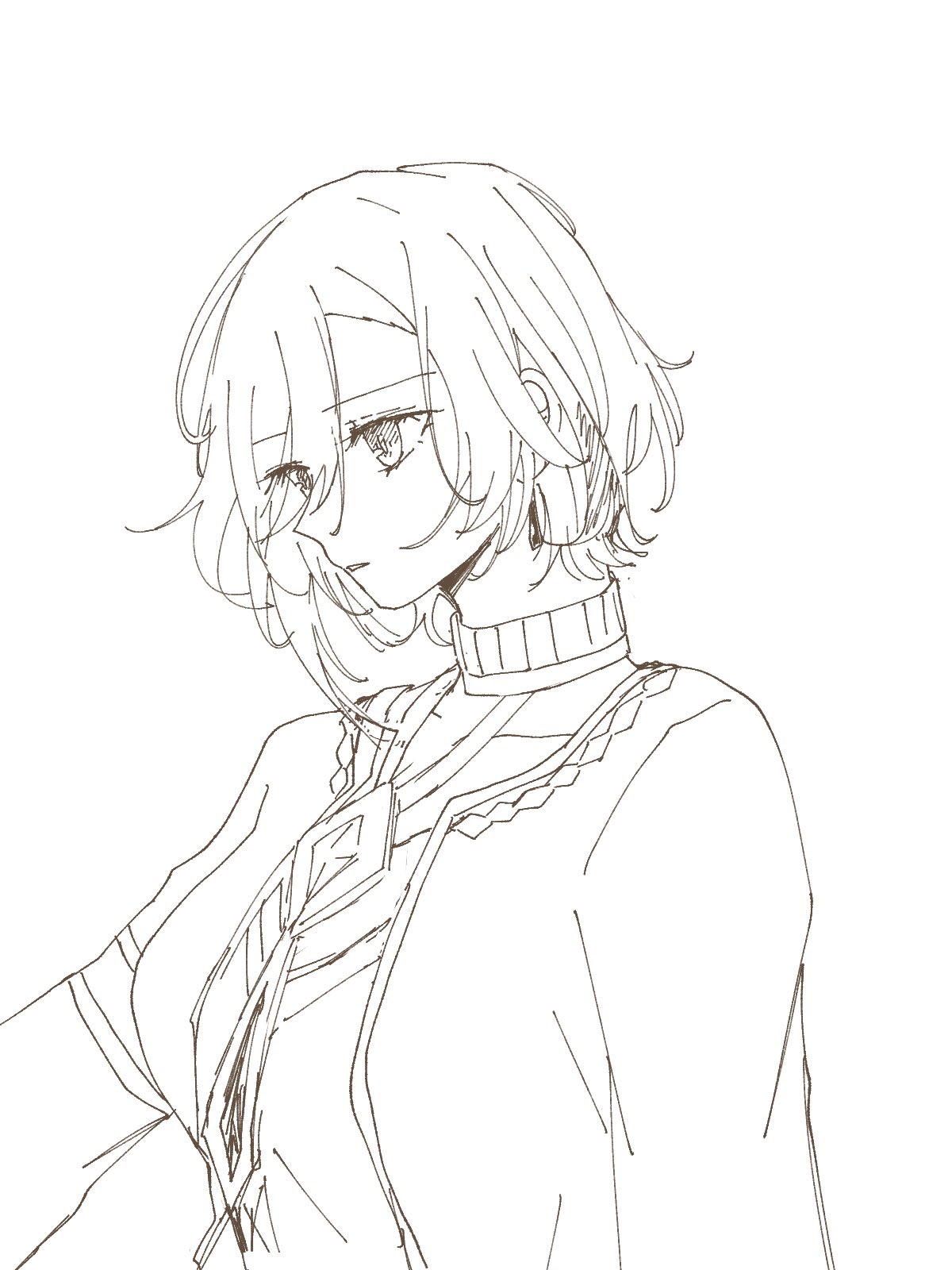 a pencil drawing of a young anime girl with a sweet expression. her hair is long and slightly wavy, and her eyes are closed. she is wearing a sweater with a high collar and a long jacket.