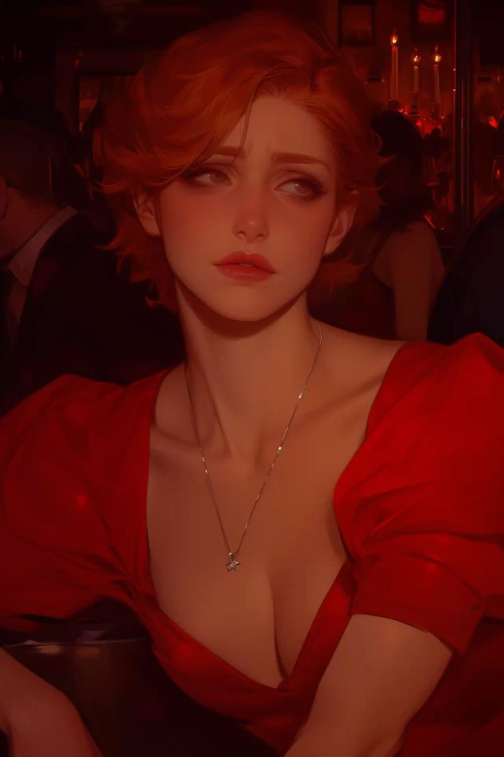 the image is a stylized digital painting or illustration of a young woman with vibrant red hair styled in a classic bob. she is wearing a lowcut, scarlet red dress with puffed sleeves, giving a vintage or art deco feel.  the setting appears to be a dimly lit bar or nightclub, suggested by the background blur and soft lighting.  the woman's expression is both alluring and slightly melancholic, enhancing the mysterious mood of the piece. the overall style is highly realistic, with detailed rendering of her skin, hair, and clothing. the image evokes a sense of old hollywood glamour and sophistication.