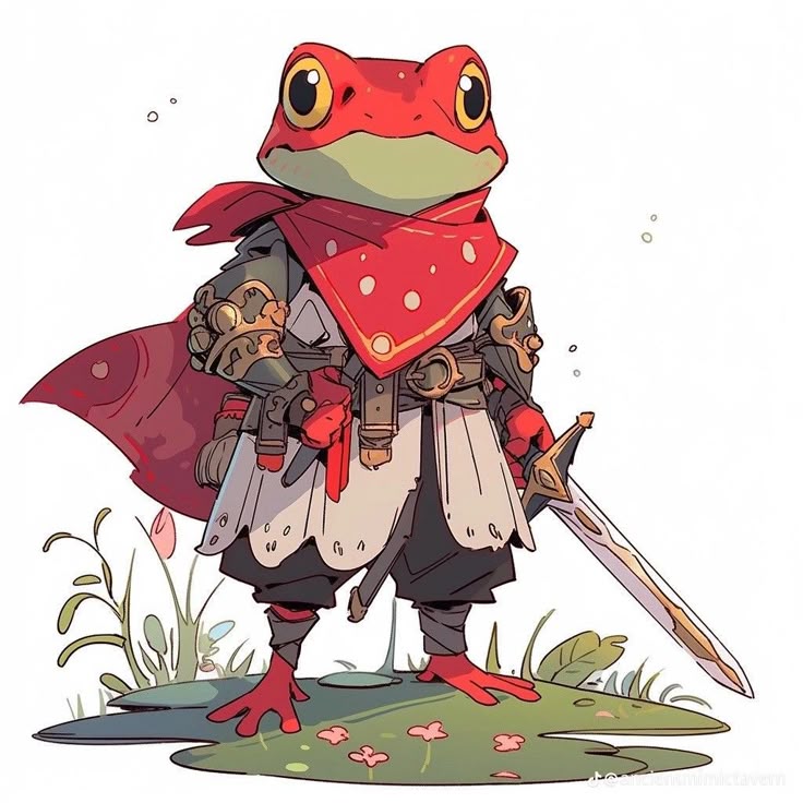 a cartoon illustration of an anthropomorphic red frog warrior. the frog stands on a lily pad in a grassy area, wearing armor and a red cape, holding a sword. the frog has large yellow eyes and a red head, wearing a red bandana with white dots.