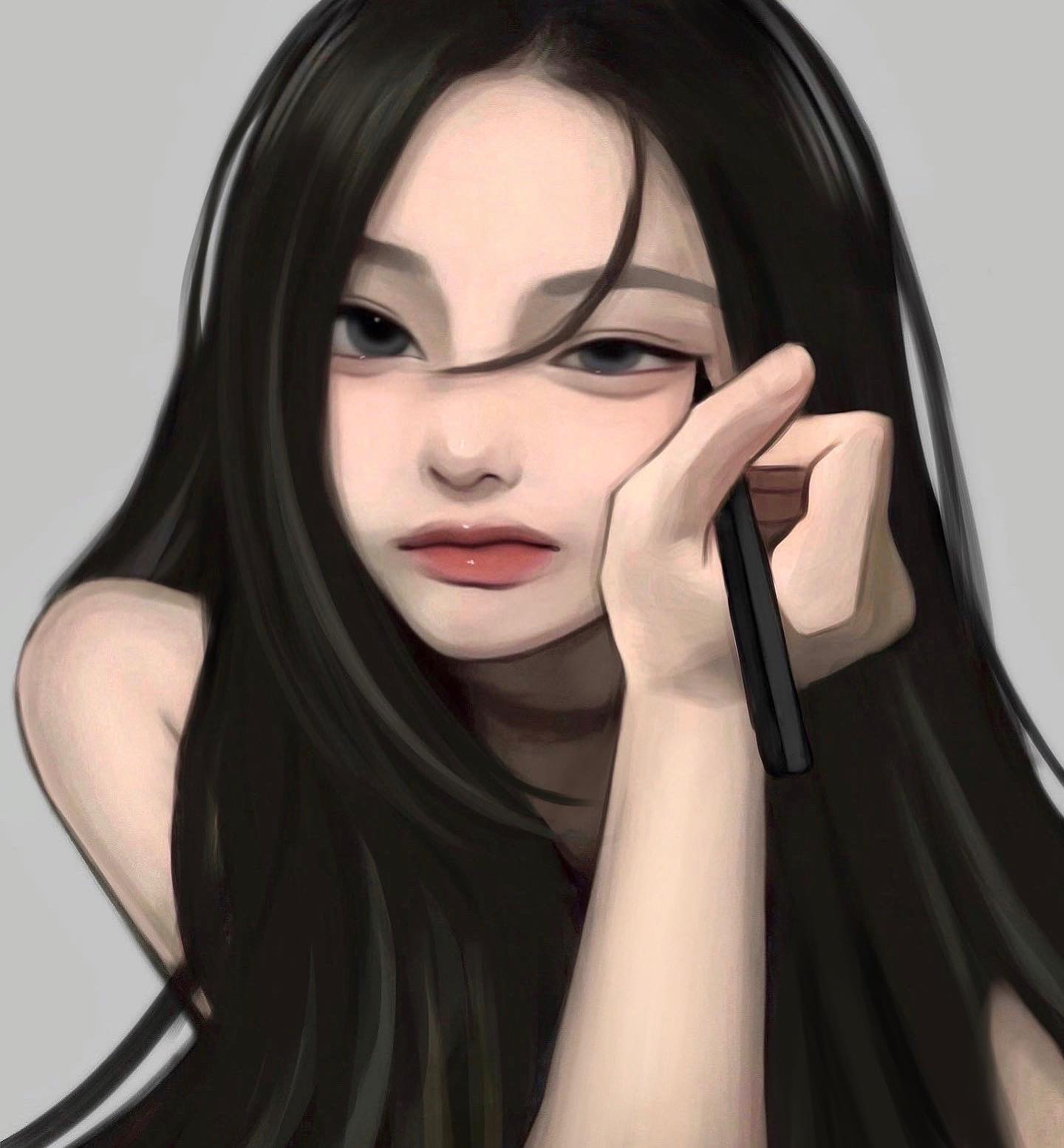 the image is a digital painting of a young woman, styled in an animelike manner but with a realistic rendering of features and shading.  she has long, straight black hair that frames her face. her expression is somewhat pensive, as she rests her hand on her cheek, holding what appears to be a makeup tool or eyeliner pencil near her eye.  the overall style blends anime aesthetics with a level of realism in the details of her face and skin. the background is a simple, muted gray, keeping the focus on the character.
