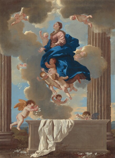 the painting depicts the assumption of mary. the virgin mary, dressed in a pink garment and a blue cloak, ascends to heaven carried by a group of cherubic children amidst swirling clouds. several cherubs fly around her, some scattering flowers towards an altar draped with white cloth. the scene is framed by two massive columns, and a landscape is faintly visible in the background. the virgin mary looks upwards towards the sky with a serene expression. the artwork is in the baroque style.
