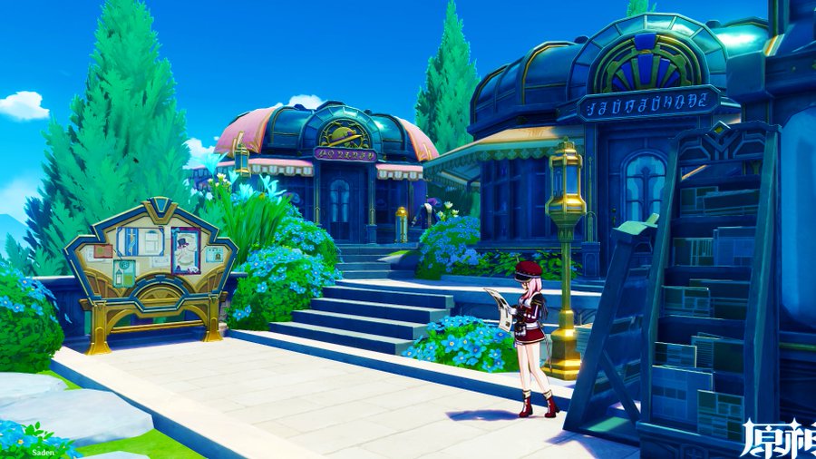 the image is a vibrant screenshot from the video game genshin impact, specifically depicting a location in the sumeru region.  the scene showcases a charming, brightly colored plaza with two distinct buildings: a seemingly cafe or bakery with a pink awning and a larger, blue building identified as a bookstore or library.  a girl character in a red and white uniform stands reading a book or map near the bookstore, which has an exterior bookshelf and ladder.  the plaza includes steps, colorful flowering plants, and a detailed bulletin board featuring various notices. the overall style is fantastical and lively, showcasing the game's signature art style.