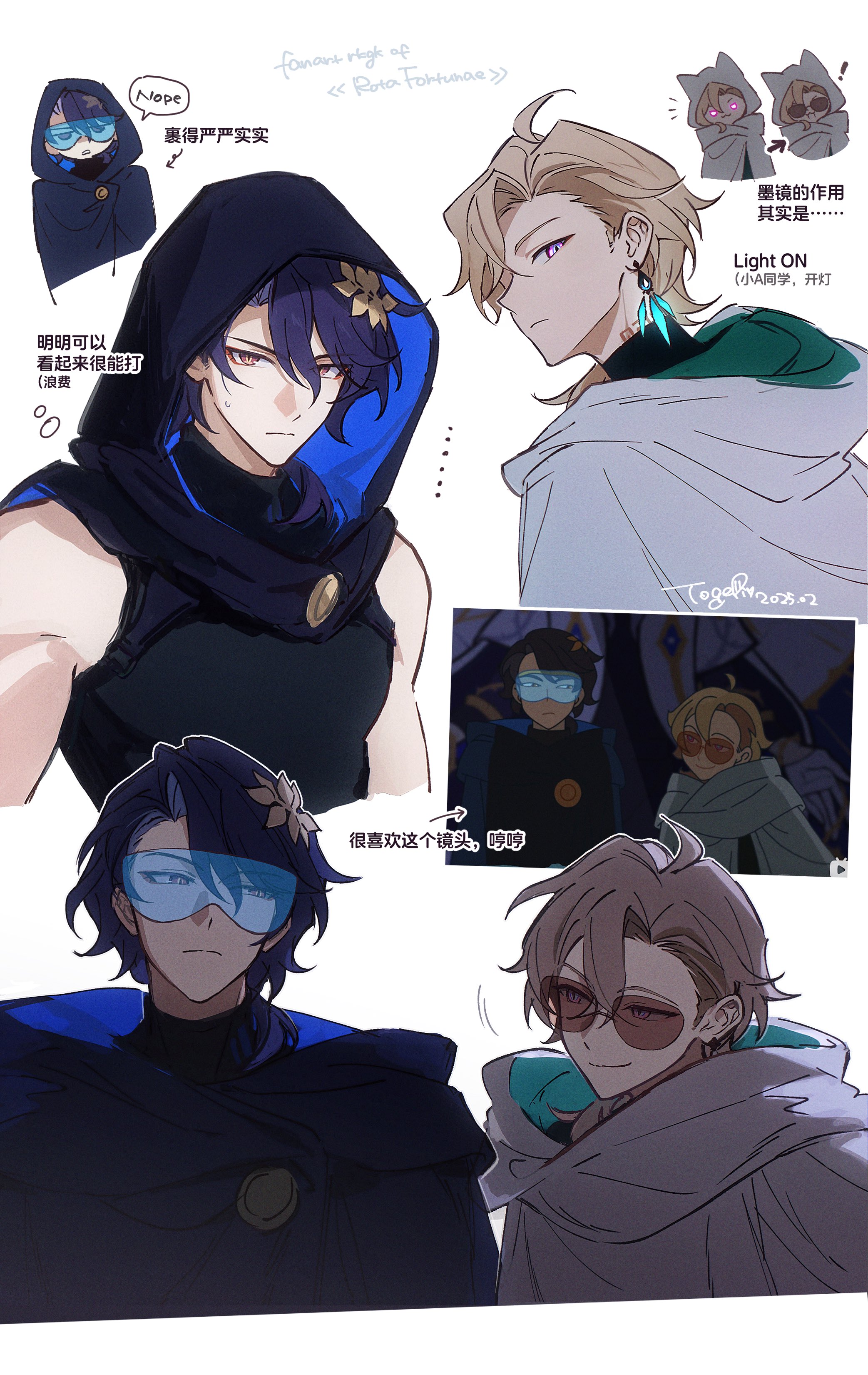 the image contains character designs of scaramouche and albedo from genshin impact, presented in fan art style. scaramouche is depicted with a dark hooded cloak, sometimes wearing sunglasses and a floral hair ornament. albedo is shown with lightcolored hair and is also sometimes seen wearing sunglasses. there are additional smaller depictions of the characters with details like the hoodie having cat ears. some text is included in chinese, providing comments about the characters and their looks.