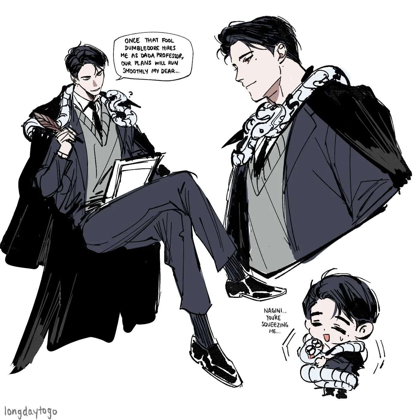 he image is a collection of digital fan art sketches depicting a character, possibly a slytherin professor in a harry potter au, interacting with nagini.  the art style is a blend of manga/anime and a slightly more rough, sketchy aesthetic. the main image shows the character sitting, dressed in a hogwartslike robe and holding a book and quill, with a snake (nagini) wrapped around his neck and shoulder. other smaller sketches feature the character in different poses, and a chibi nagini playfully squeezing the smaller version of the character. text bubbles provide dialogue, suggesting a plan is afoot.  the overall tone is humorous, with a slight edge of darkness. the artist's signature is visible in the lower left corner.