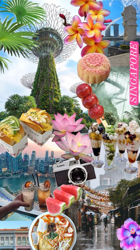 a collage of images representing singapore.  it features iconic landmarks like the gardens by the bay, street food stalls, and cultural elements like flowers, fruits, and traditional snacks.
