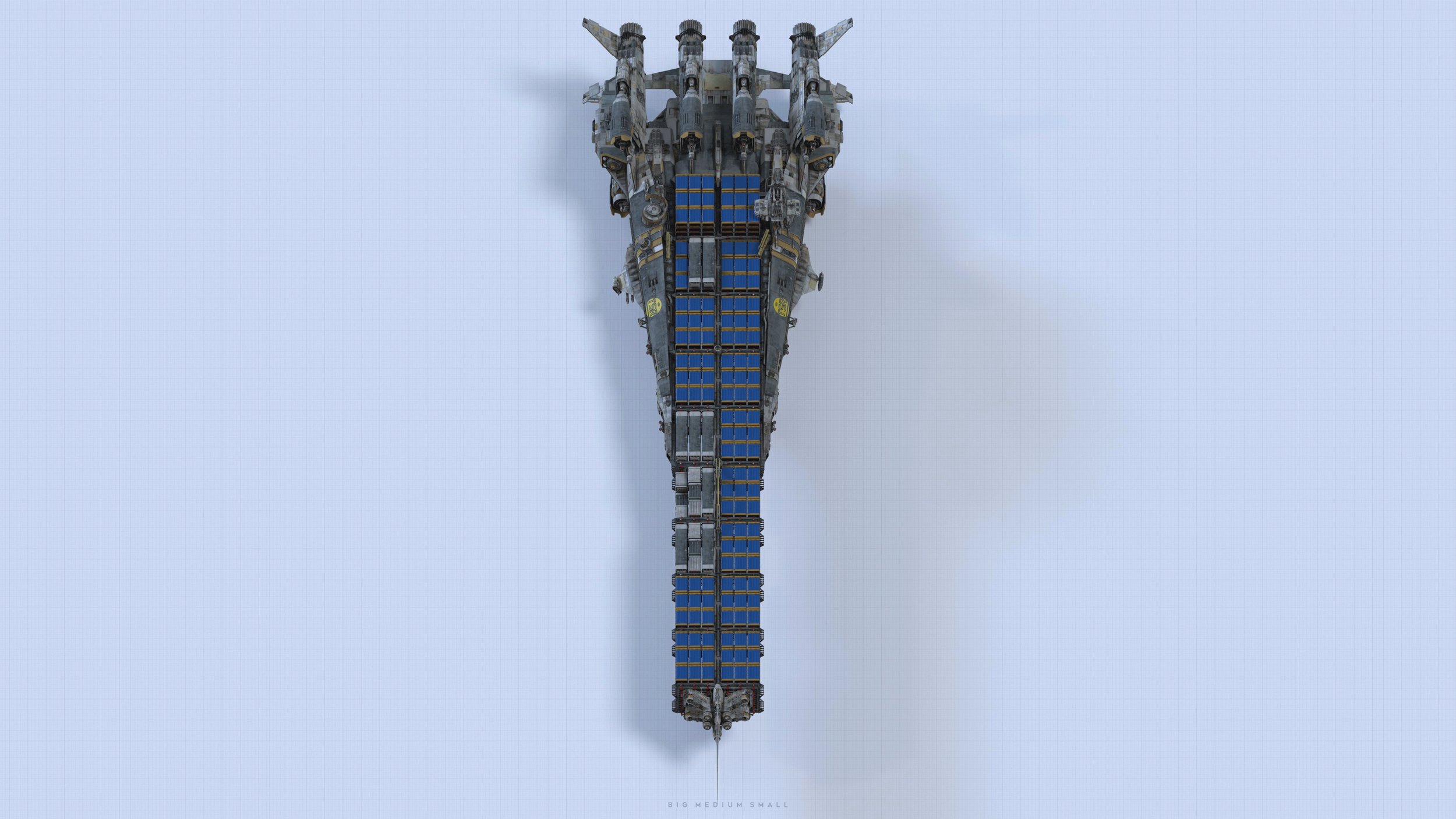 a topdown view of a large, futuristic spaceship. the ship is predominantly grey and features a long hull with numerous blue solar panels arrayed along its central axis. the ship has multiple engines visible at the top, and a pointed bottom. the background is a light, almost white grey.  the image is a 3d render.