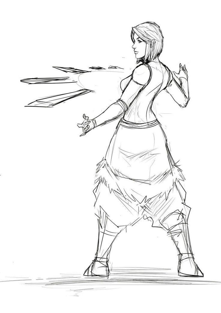 a sketch of a female warrior in a dynamic stance, likely from an anime or manga series, possibly related to avatar: the legend of korra (waterbending). she is depicted unleashing an energy blast or wielding a special power.