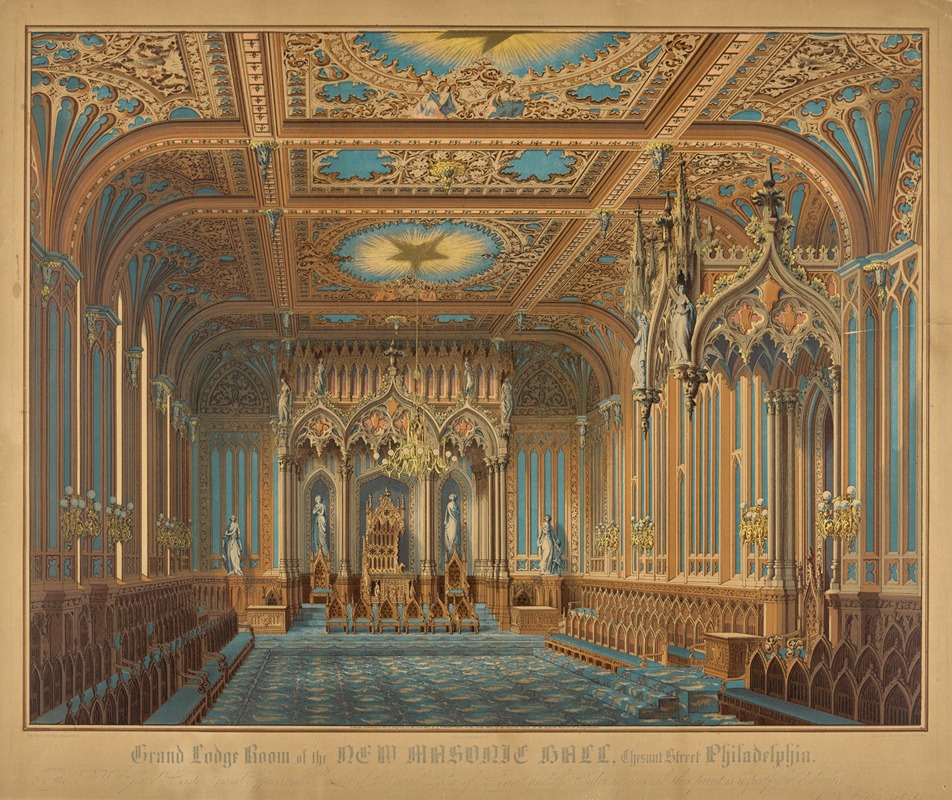 an ornate interior illustration of the grand lodge room at the new masonic hall on chestnut street in philadelphia. the room features detailed gothic architecture, an elaborate ceiling, statues, seating, and a chandelier.