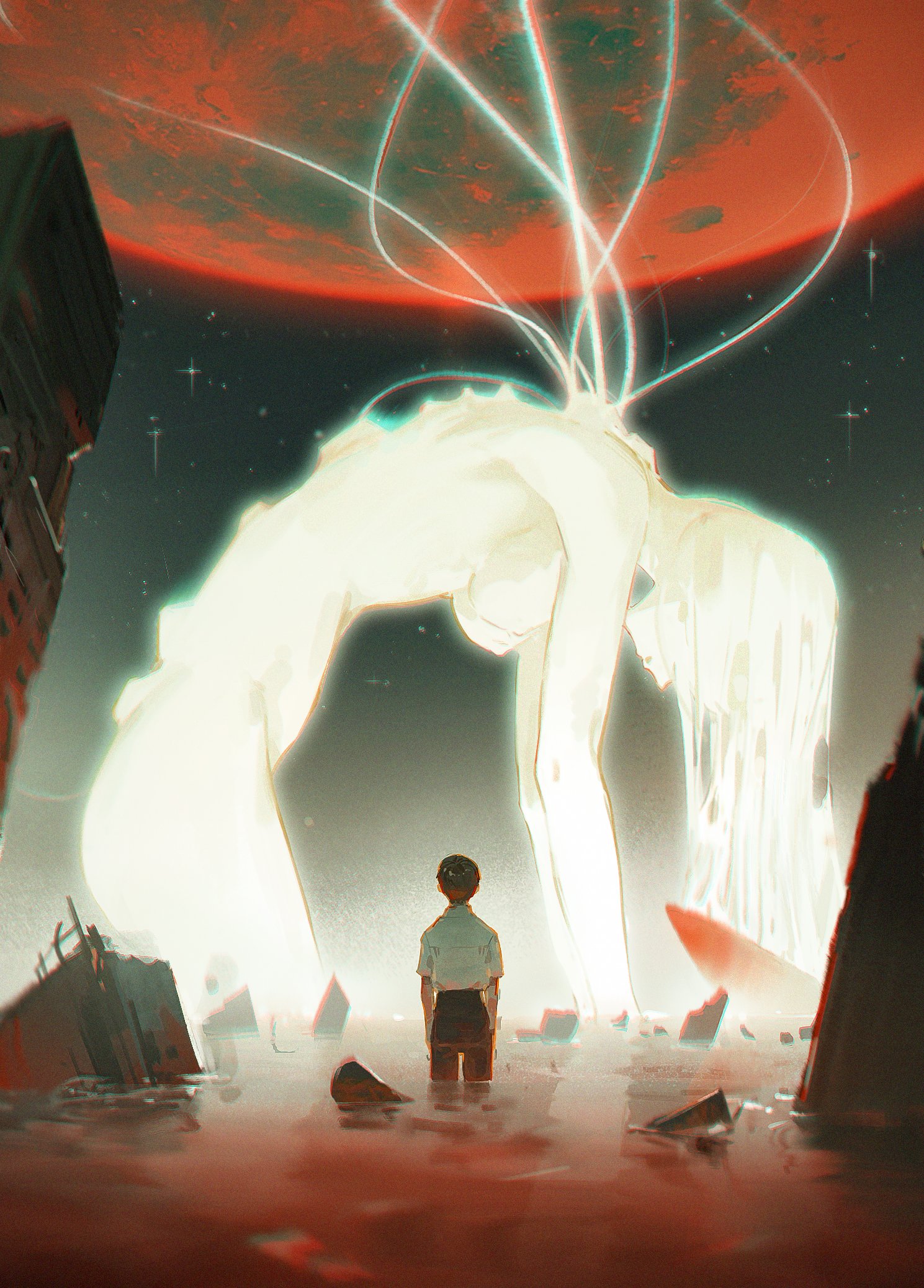 this image is a depiction of the character shinji ikari from the anime series neon genesis evangelion. shinji is standing alone in a ruined cityscape, the silhouette of his form appearing against a bright, white, humanoid figure that resembles eva unit01. the background is a redhued sky and the image gives off a sense of despair and loneliness.