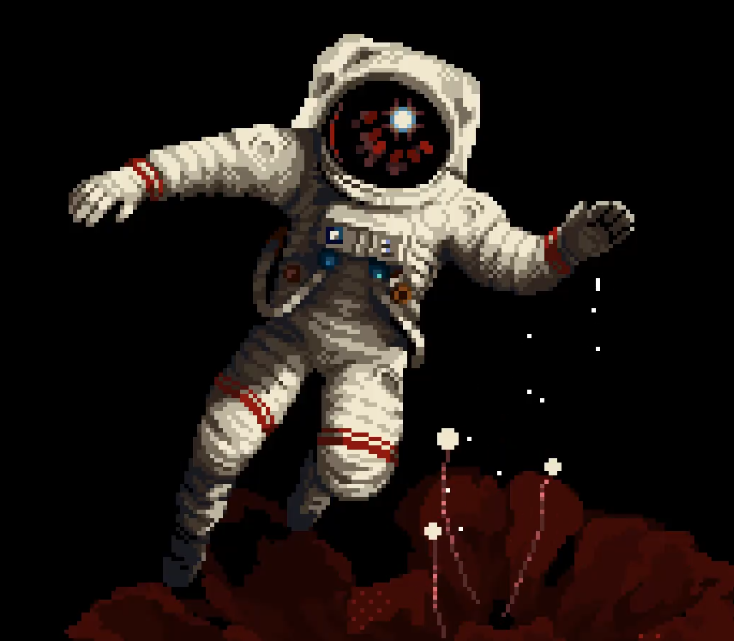 a pixel art image of an astronaut floating in space above a red, flowerlike object. the astronaut is wearing a white spacesuit with red stripes and has a helmet reflecting a starfield. there are white dots, representing stars or particles, scattered around the astronaut. the background is black.