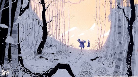 the illustration showcases two figures traversing a snowladen path amidst a serene winter forest. the path, marked by footprints, meanders through slender, snowdusted trees, their bare branches reaching towards the pale sky. the figures, bundled in winter attire, are captured in midstride, one of them carrying a burden on their back. the setting sun casts a warm, ethereal glow upon the scene, painting the sky in hues of pale orange and pink, contrasting beautifully with the cool tones of the snow and trees. the overall ambiance evokes a sense of tranquility and the quiet beauty of winter.