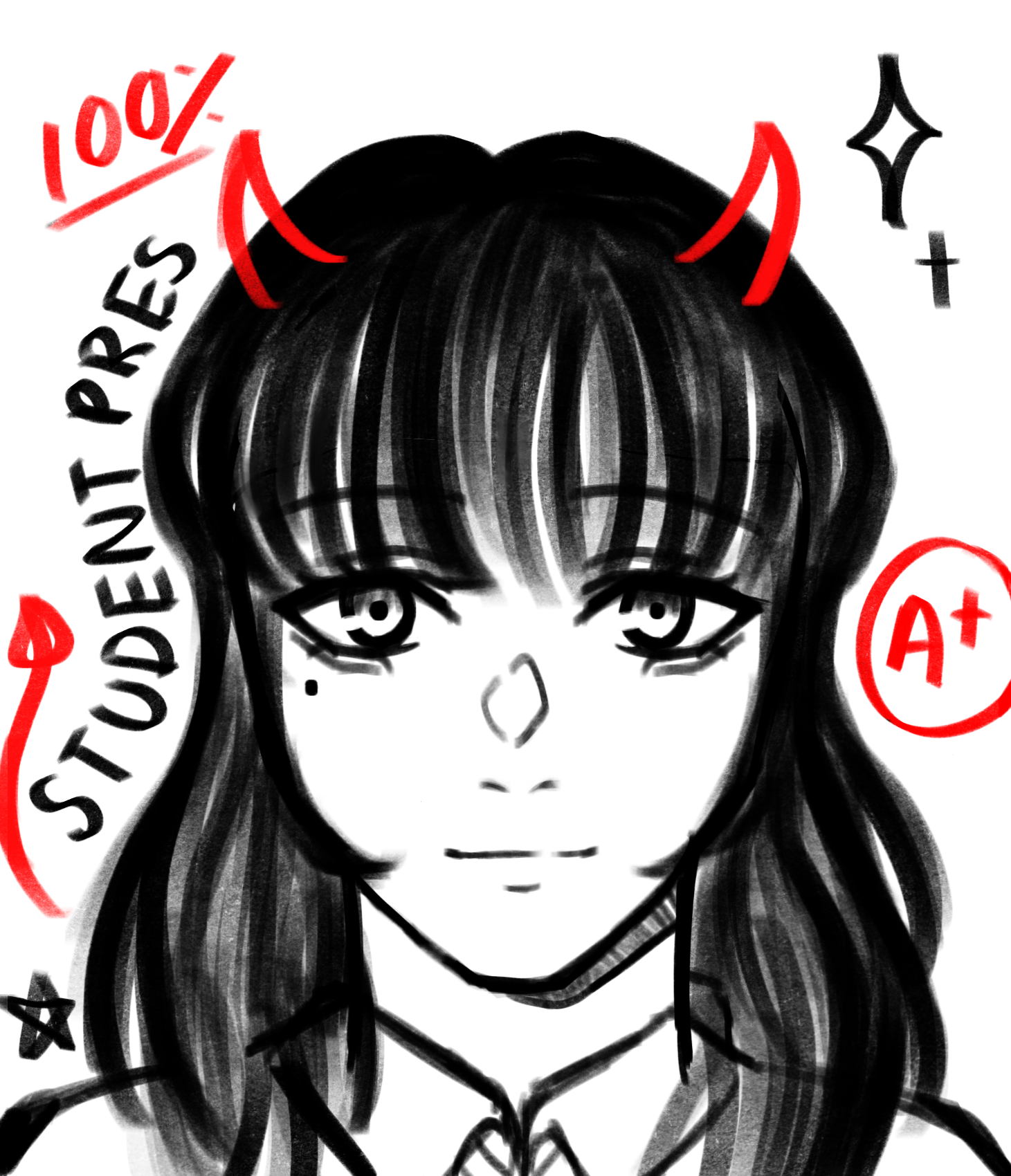 the image is a stylized black and white digital drawing or sketch of an animestyle girl.  she has long black hair with blunt bangs, devil horns, and is wearing what appears to be a school uniform. the drawing style is expressive, with bold lines and shading.  surrounding the girl are annotations: "100%", "student pres" (likely short for student president), an "a+", and a sparkling star, suggesting high achievement and a slightly mischievous or rebellious personality. the overall aesthetic is edgy and cool.