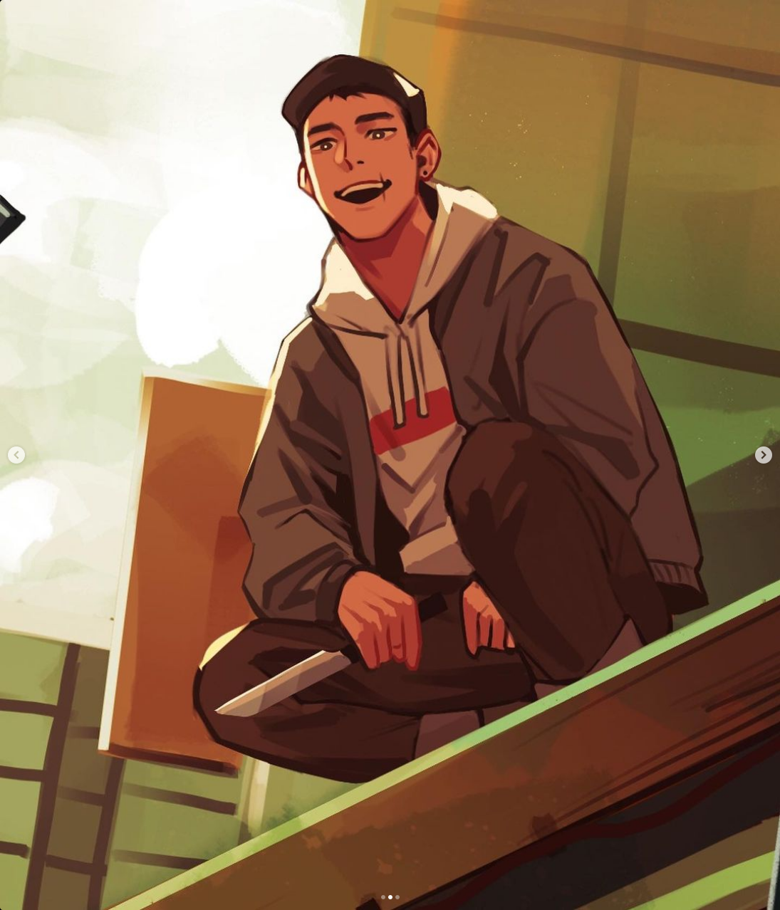 the image shows a young man with short dark hair and a mischievous smile, perched on a rooftop with a knife in his hand. he is wearing a grey hoodie over a white shirt and dark pants. the warm sunlight illuminates him from behind, casting long shadows and highlighting the urban environment in the background. the perspective is from a low angle, making the character appear larger and more imposing.