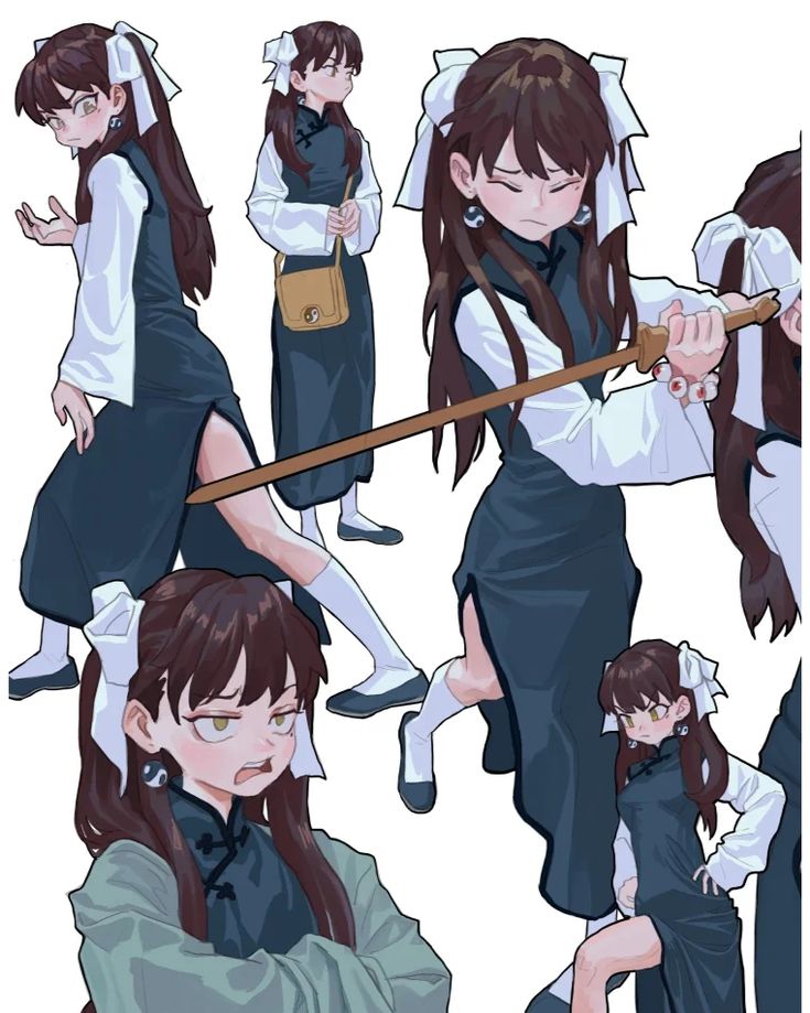 the image is a digital illustration featuring an animestyle girl in multiple poses. she is predominantly depicted wearing a traditional chinese qipao or cheongsam, a long dress with side slits.  the girl's hair is long and dark brown, styled with prominent white bows.  several different poses are shown, ranging from a relaxed, casual stance to a more dynamic action pose where she holds a stafflike weapon. she exhibits a range of expressions including serious, slightly angry, and more calm.  the art style is reminiscent of modern manga or anime, with clean lines and soft coloring.  one pose shows her casually carrying a small bag. the overall aesthetic is cute, yet also incorporates elements of action and strength.