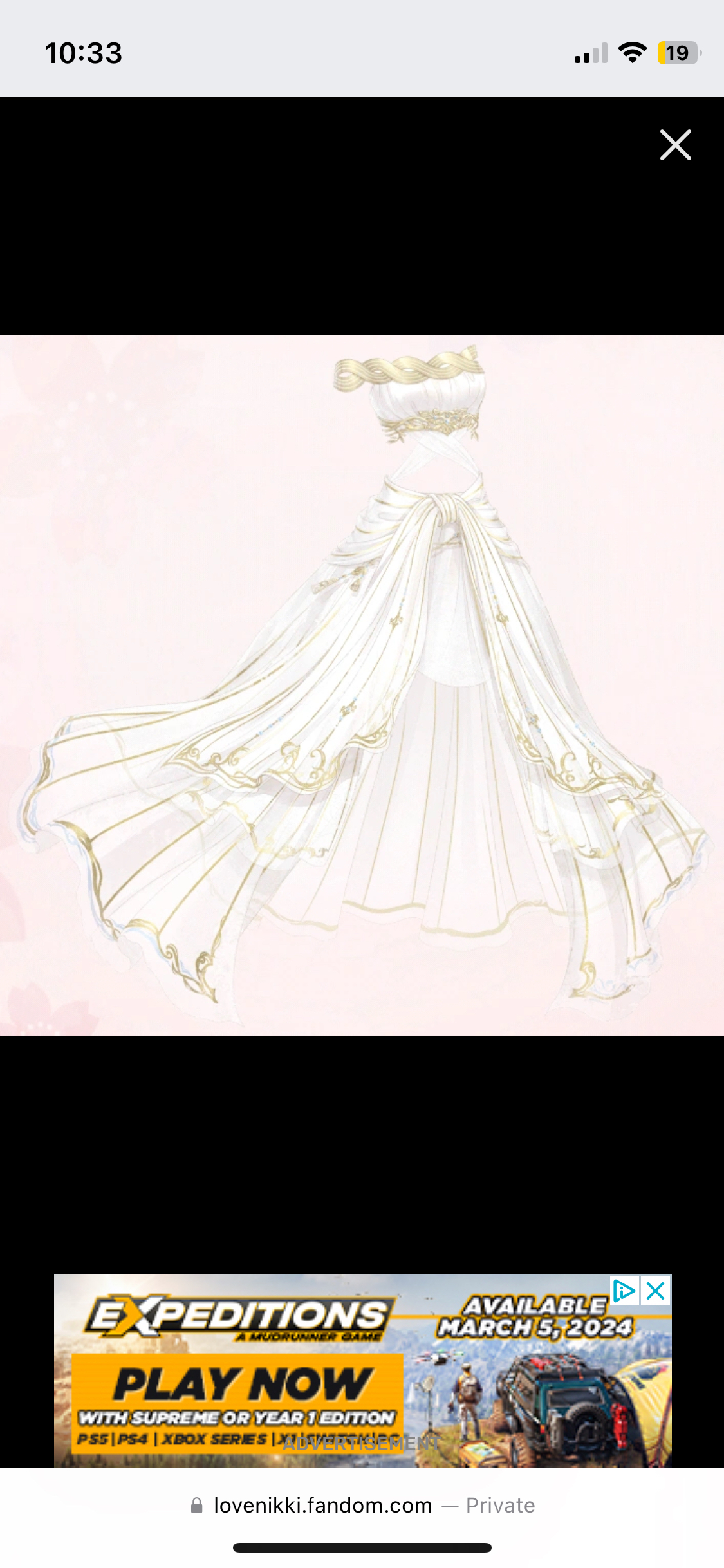 a white dress with gold trim is shown against a pale pink background. below it is an advertisement for the video game "expeditions: a mudrunner game".