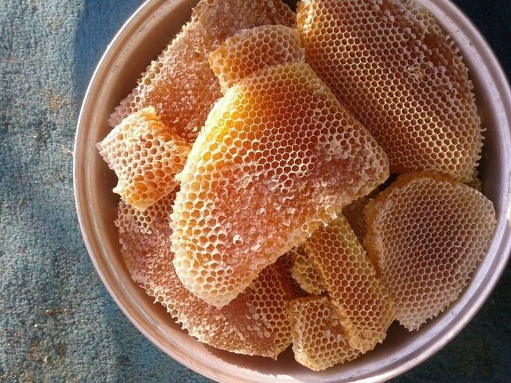 a closeup, overhead shot shows a round, silver bowl filled with chunks of golden honeycomb. the honeycomb pieces vary in size and shape, revealing their hexagonal cell structure. the bowl sits on a textured, turquoisecolored surface. the scene is illuminated with natural light, highlighting the waxy texture and golden color of the honeycombs.
