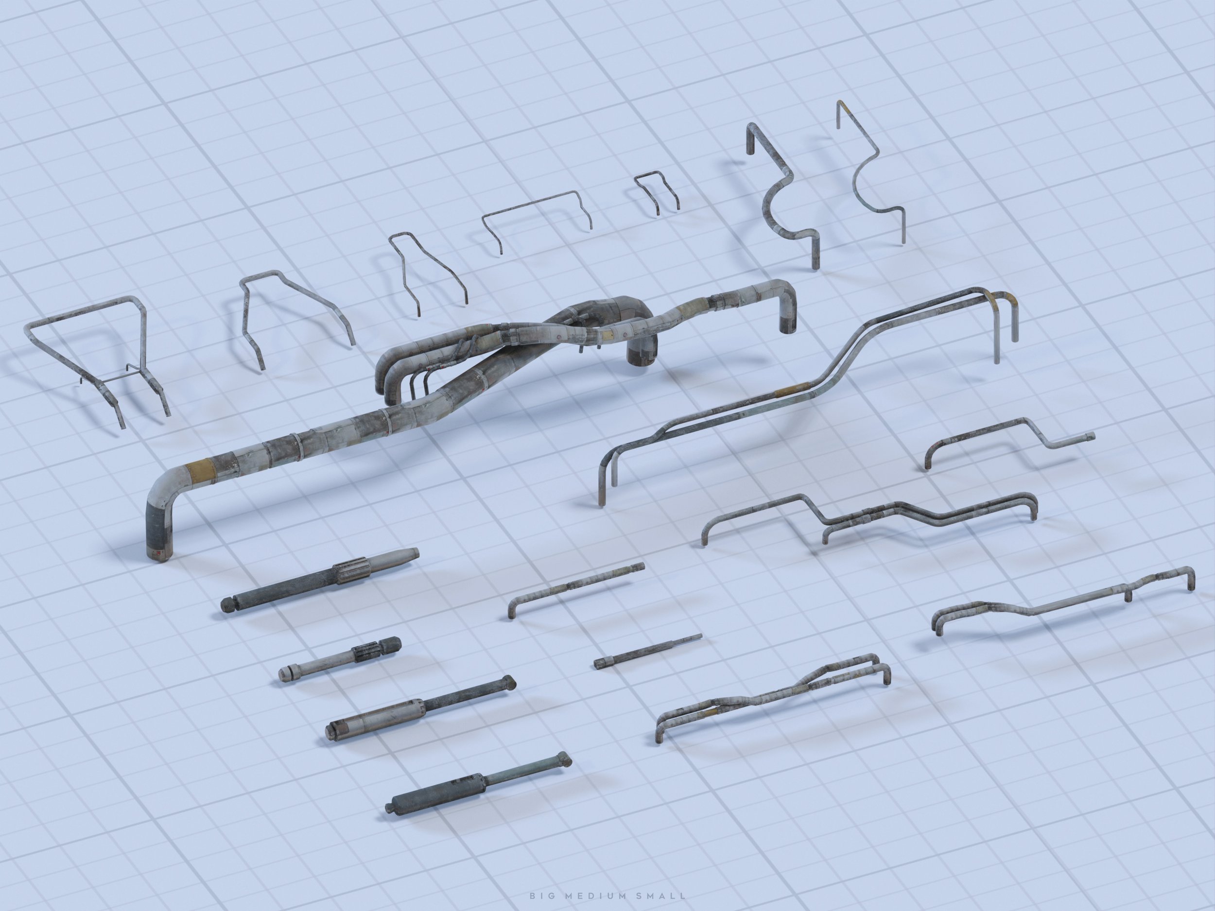 he image showcases a collection of intricately designed pipes and tubes, meticulously arranged on a gridded backdrop. the pipes vary in size, from small individual components to larger, interconnected systems, exhibiting a range of shapes and configurations.  their aged and rusty appearance suggests a setting within an industrial or manufacturing environment. the overall composition is presented in an isometric 3d rendering, providing a clear and detailed view of each element. the grid and labeling at the bottom suggest this is potentially a design layout or 3d model presentation, categorized by size (small, medium, large).  the color palette is predominantly muted, with grey and offwhite tones dominating the scene, reflecting the industrial nature of the subject matter.