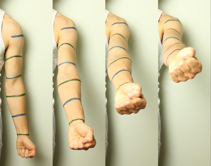 the image shows a man's arm in four different positions against a light green background. the arm is tattooed with simple horizontal lines in green and blue ink. the lines are evenly spaced and vary in thickness. the man's fist is clenched in the last two frames.