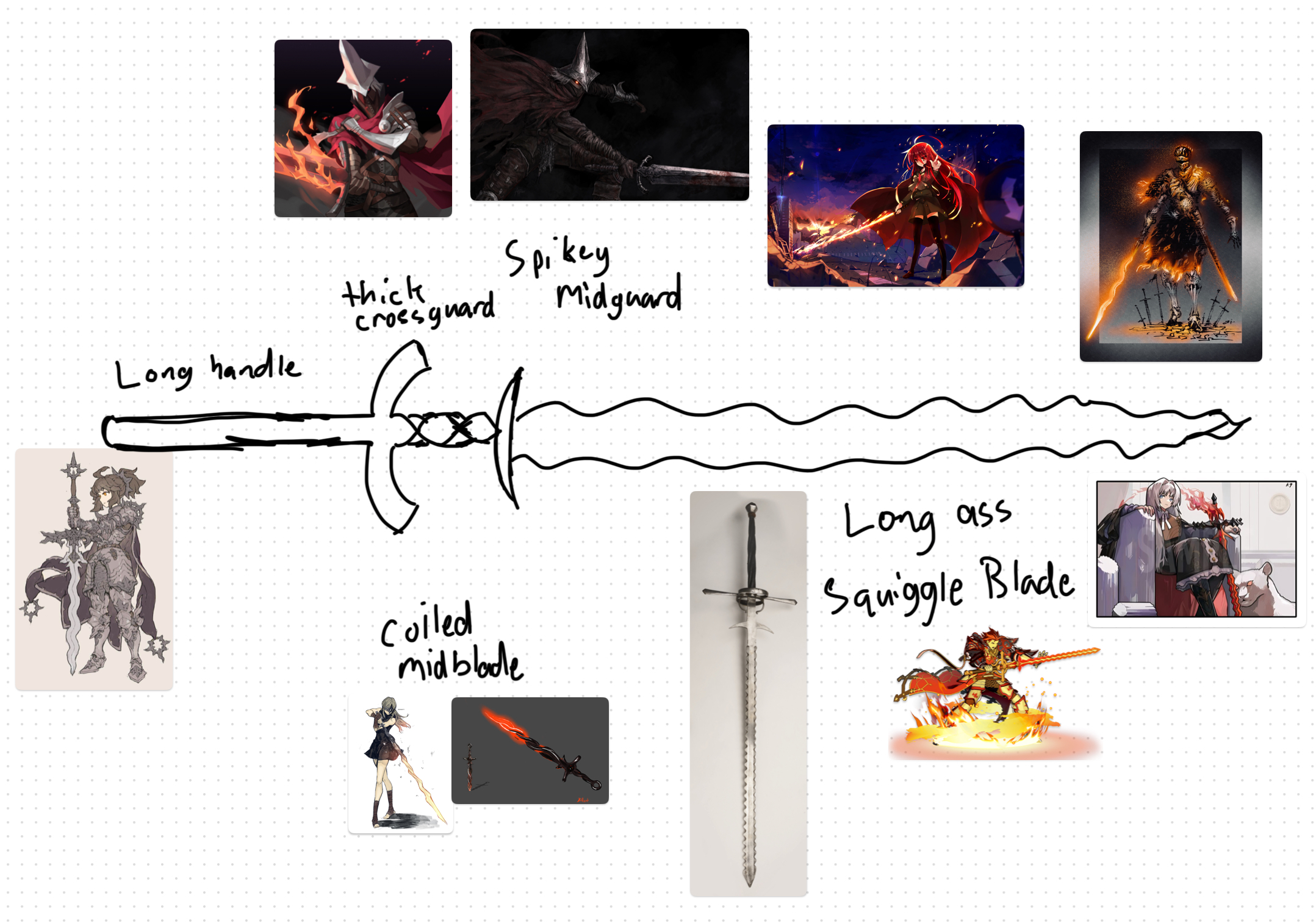 the image is a design concept for a sword. it incorporates elements from various illustrations and images depicting swords, anime characters holding swords, and fantasy settings. the design includes a long handle, a thick crossguard, a spiky midguard, a coiled midblade, and a long, squiggleshaped blade. the surrounding images serve as inspiration for the sword's overall appearance and aesthetic. the whole image is drawn over a dotted background.