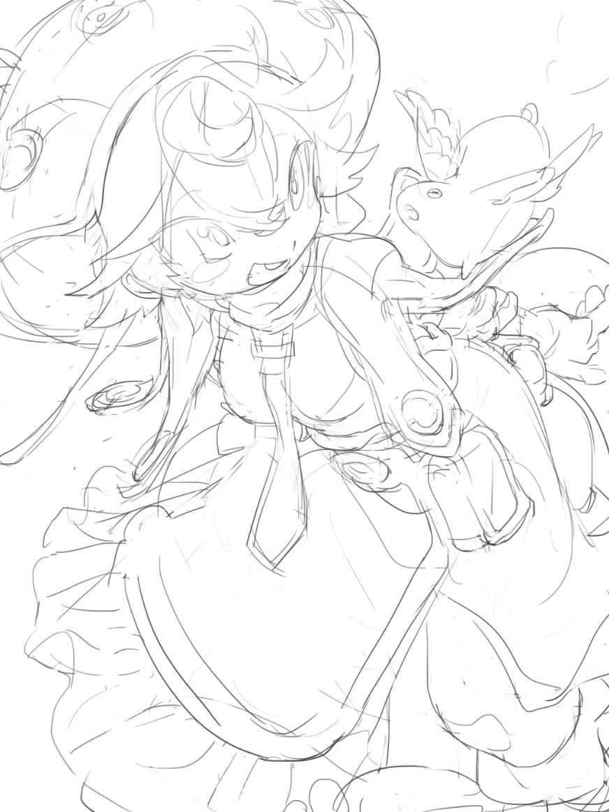 a rough sketch of an anime girl with a hat, a large wing, and a small monster friend. the girl has a big smile and is facing forward. the monster has a confused expression and is looking at the girl. the sketch is done in pencil and is quite detailed.  the image is a rough draft of a more finished illustration.
