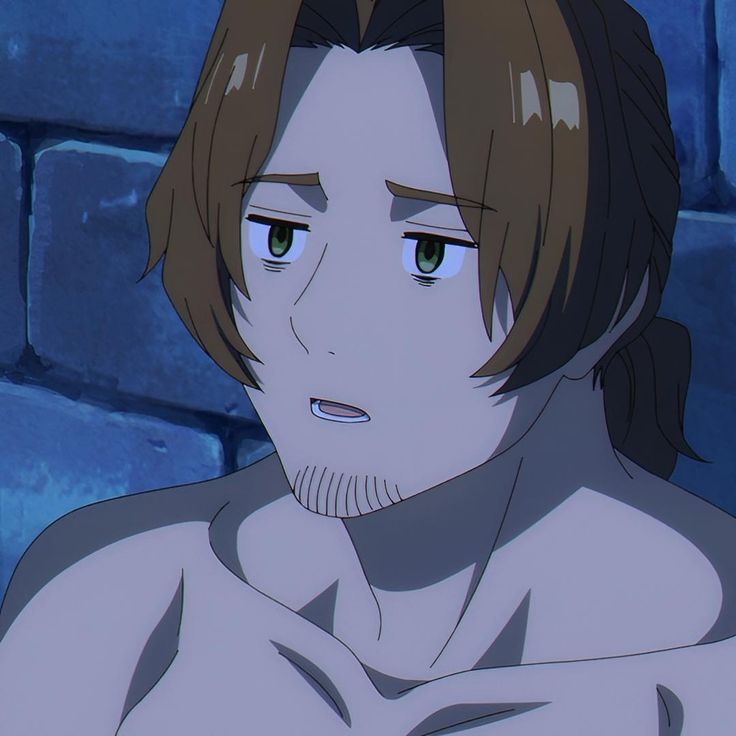 this is a close up image of a man with brown hair and a goatee. he is shirtless and looking slightly down and to the left with a concerned or pensive expression. his surroundings are dim and blue, suggesting he is indoors.