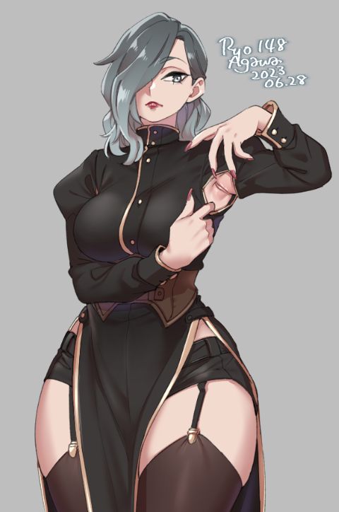 a digital illustration of an anime girl with long blue hair in a black dress, gloves, and stockings. she has a white collar and a brown belt with a gold buckle. the girl is looking at the viewer with a mischievous smile. the background is a light grey.