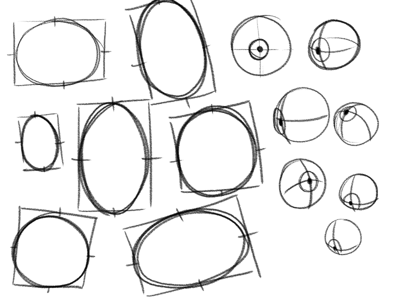 he image contains a collection of handdrawn sketches of circles and ovals.  many of the shapes are enclosed within lightly sketched squares or rectangles as guides.  some of the circles have additional lines indicating depth or threedimensionality, suggesting practice in representing spheres or objects in threedimensional space.  the style is loose and informal, characteristic of a quick sketching exercise or practice session.  the sketches are done in graphite pencil.