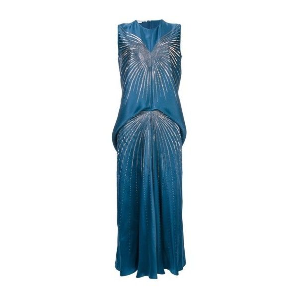 a beautiful blue sleeveless dress with sparkly embellishments. the dress has a fitted bodice and a flowy skirt, making it perfect for a special occasion. it is a glamorous and elegant choice for any woman.