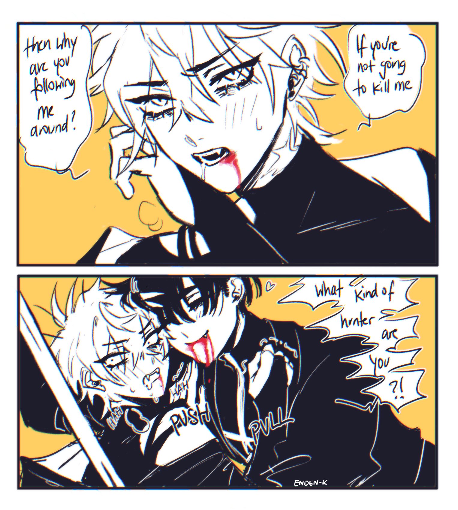 this is a comic panel from an anime manga. it has two male characters, one with white hair and the other with black hair. the one with white hair is biting the other's neck and has