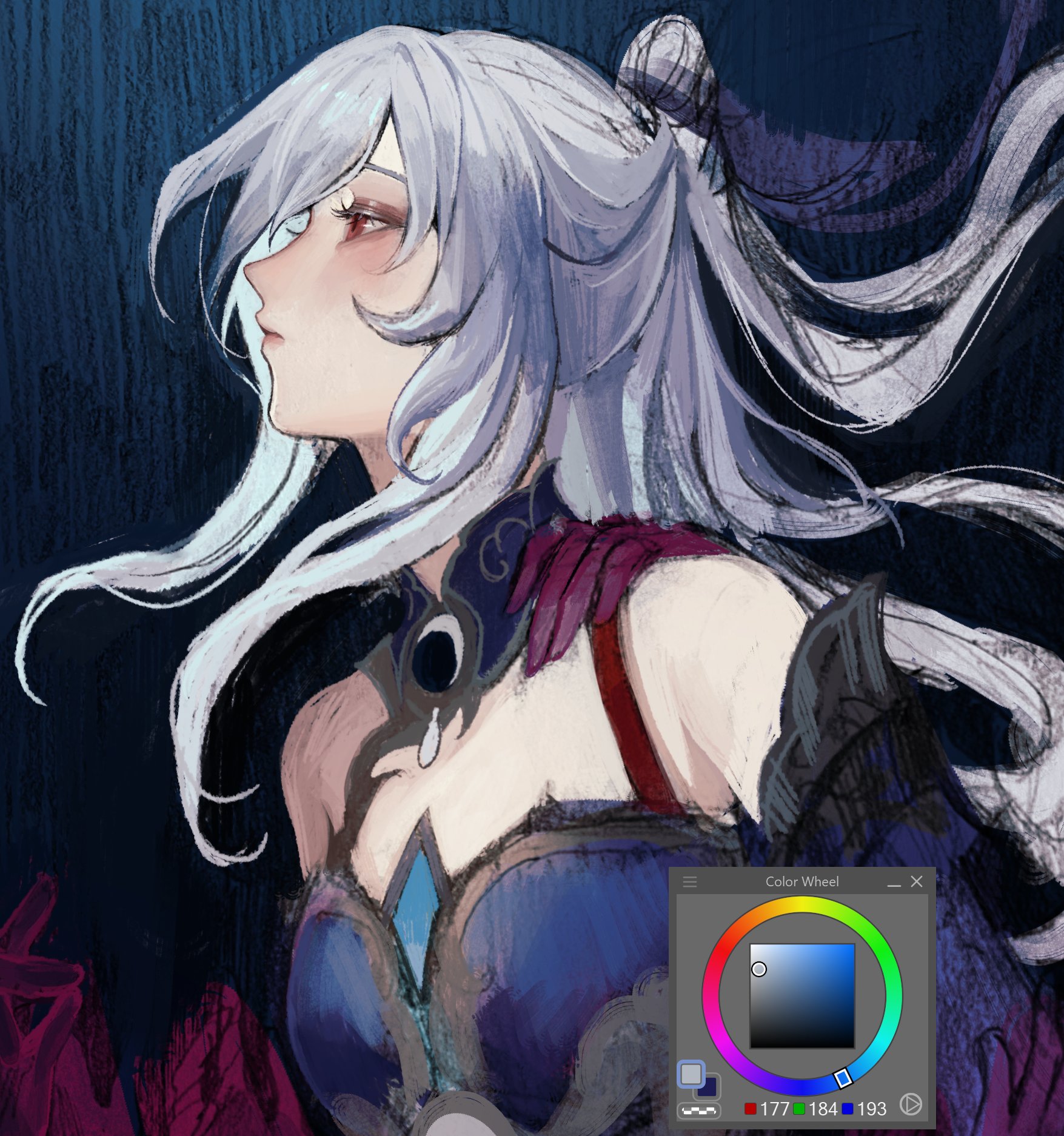 a digital art illustration of an anime girl with long white hair, red eyes, and wearing a blue dress with purple accents. her expression is serious and focused, creating a sense of mystery and intrigue.  the background is a blur of blue and purple, adding to the dreamy and ethereal quality of the image.