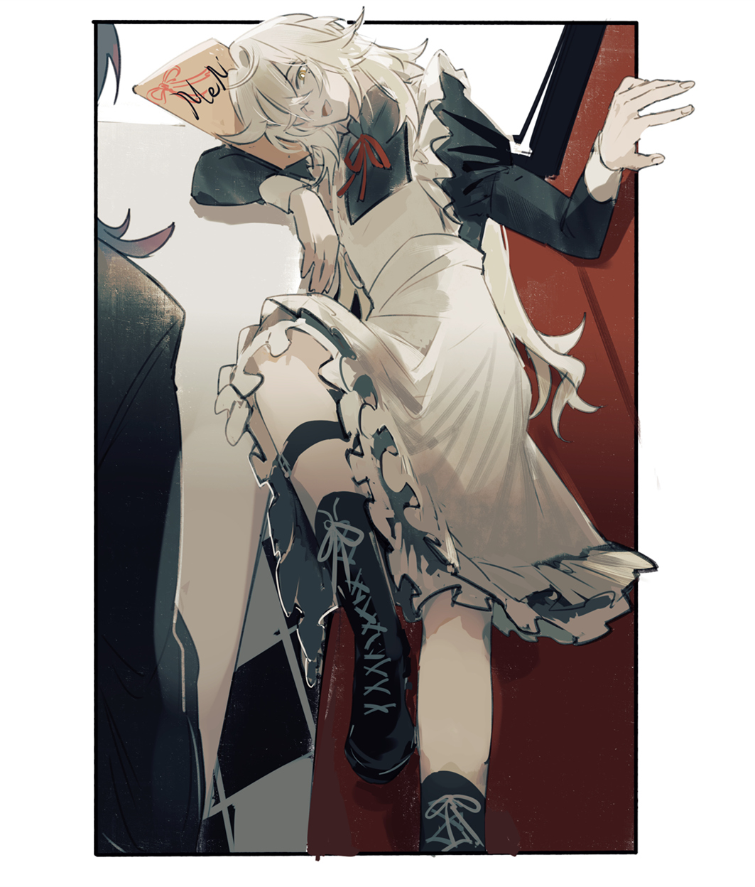 the image shows an anime girl in a maid outfit with white dress and black boots, she is holding a menu and her white hair is falling over her face. she is looking down, and she appears to be leaning against a red background, with a black and white checkered floor behind her. there is a small black figure standing beside her in the image.
