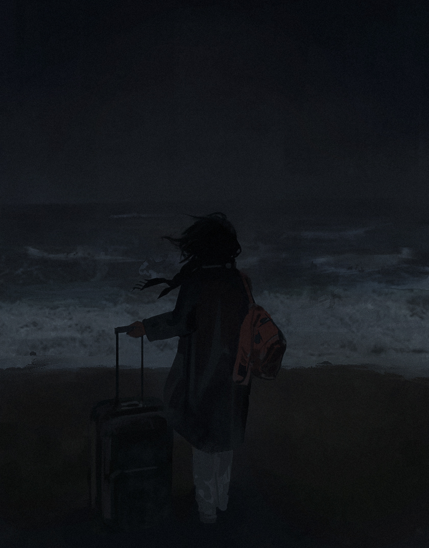 a woman in a dark coat and backpack walks on a dark beach at night carrying a suitcase. she is walking away from the camera, her figure silhouetted against the waves in the distance. there is a dark, stormy sky.  the scene gives a sense of isolation and loneliness.