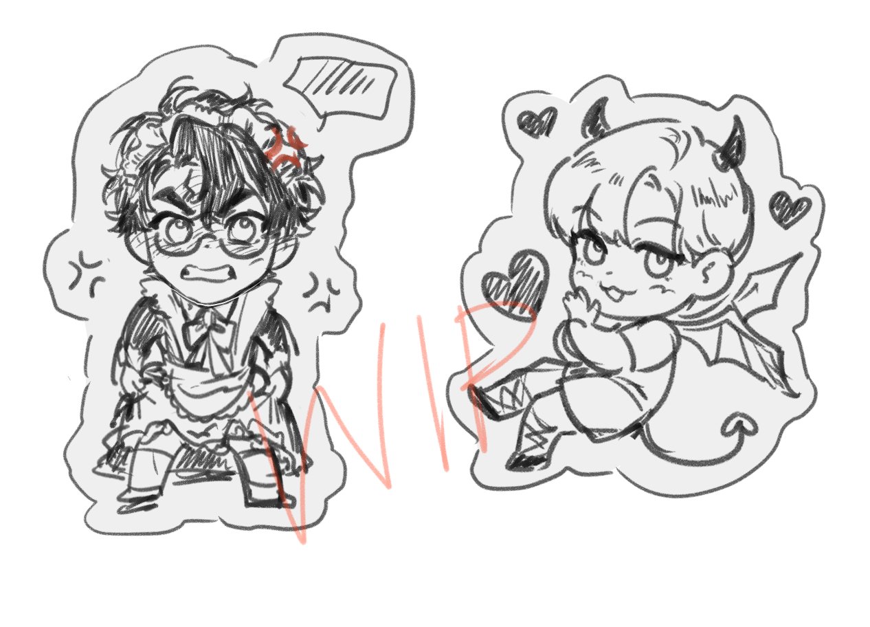 the image shows two chibistyle character sketches, seemingly designed for stickers.  the left character is a boy in a maid outfit, wearing glasses and looking angry.  the right character is a girl with devil horns and a playful expression. both are drawn in a sketchy, black and white style with added hearts and speech bubbles to enhance the cuteness and overall design. there's a partially visible red word "np" overlaid, possibly a watermark or artist signature.