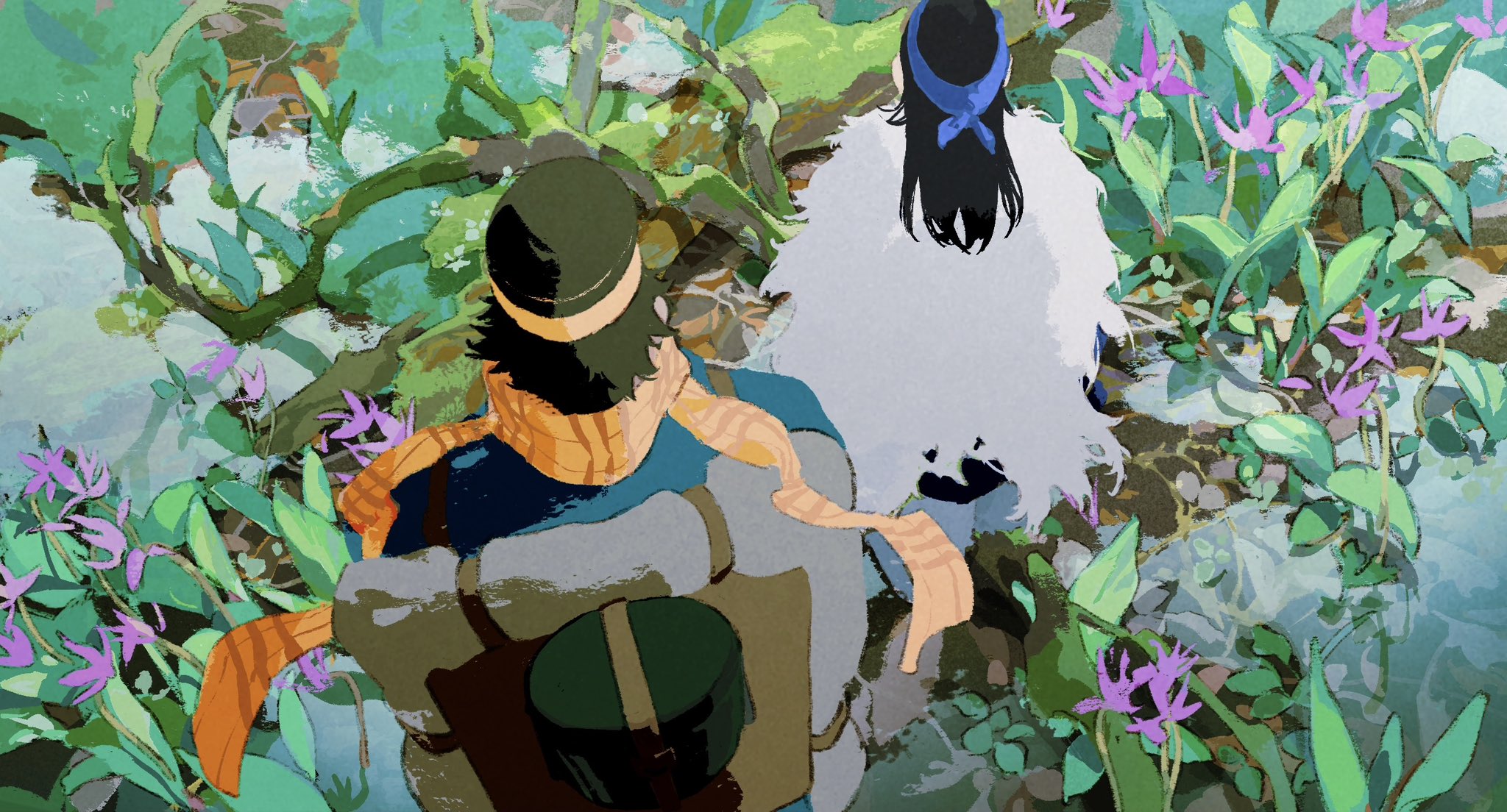 the image shows a painting of two people walking through a lush forest. the perspective is from above, looking down on the pair as they walk away from the viewer. the scene is bright and vibrant, with lots of green foliage and colorful flowers. the style of the painting is reminiscent of anime or illustration, with bold lines and flat colors.  the overall feeling of the image is one of peace and tranquility.