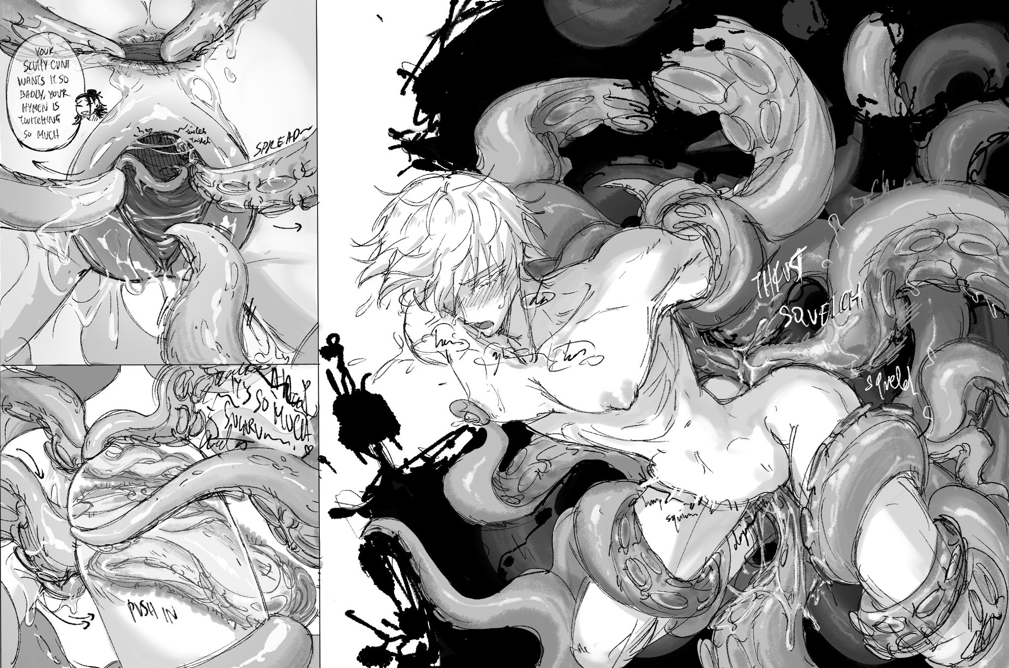 he image is a graphic depiction of a sexual encounter between a human male and a tentacled creature. the style is reminiscent of manga or graphic novel art, with heavy use of shading and linework to depict the scene. the scene is explicitly sexual, showing the creature penetrating the human male, with bodily fluids and suggestive gestures included. the expressions and poses of both figures imply nonconsensual activity. the overall tone is dark and disturbing. the image is not suitable for viewers under the age of 18.
