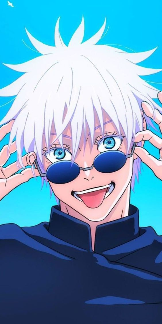 this image showcases satoru gojo, a prominent character from the anime and manga series "jujutsu kaisen". he is depicted in a playful pose, adjusting his bluetinted sunglasses while flashing a wide, mischievous grin, revealing his tongue. his spiky white hair stands out against the vibrant blue sky in the background. he wears a dark blue, highcollared attire, hinting at his role as a teacher at jujutsu high. the bright blue sky and overall cheerful tone of the image convey a lighthearted and funloving side to gojo's personality.