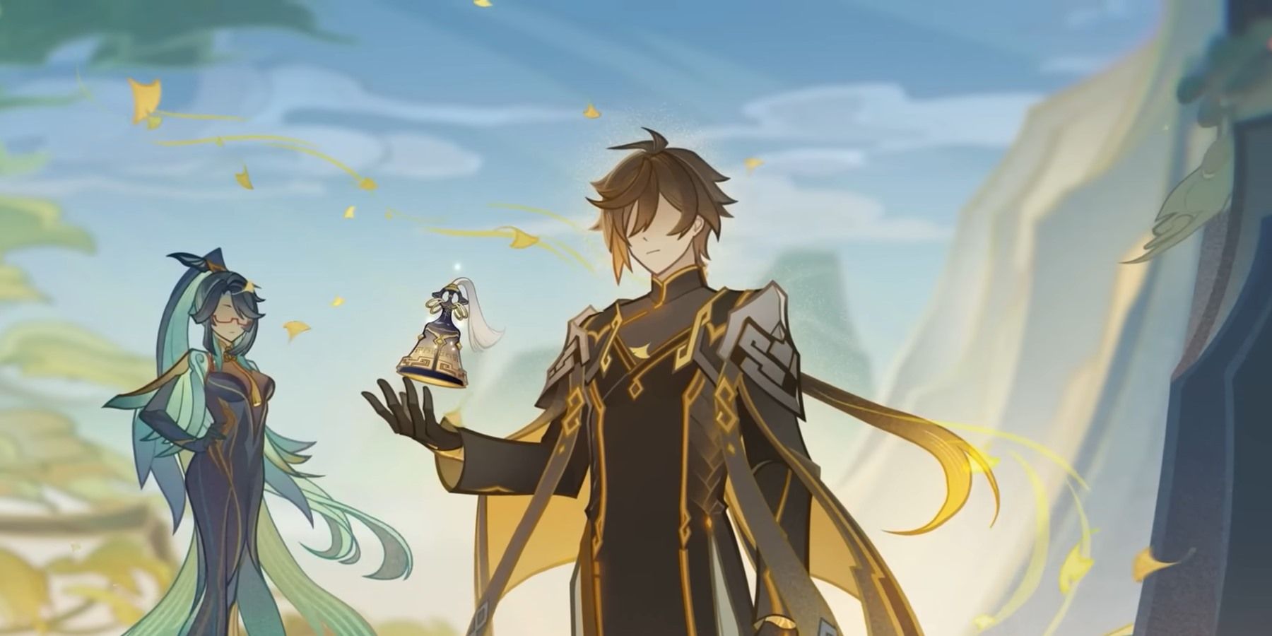 this is a digital art image of two anime characters from the game genshin impact. the male character is wearing a black and gold robe and has long brown hair and black eyes. he is looking down at a small floating item. the female character is wearing a blue and green dress with a long, flowing green skirt and has long blue hair and blue eyes. she is looking at the male character. both characters are standing in front of a background of blue sky and mountains. the floating item is a miniature female character wearing a dress.