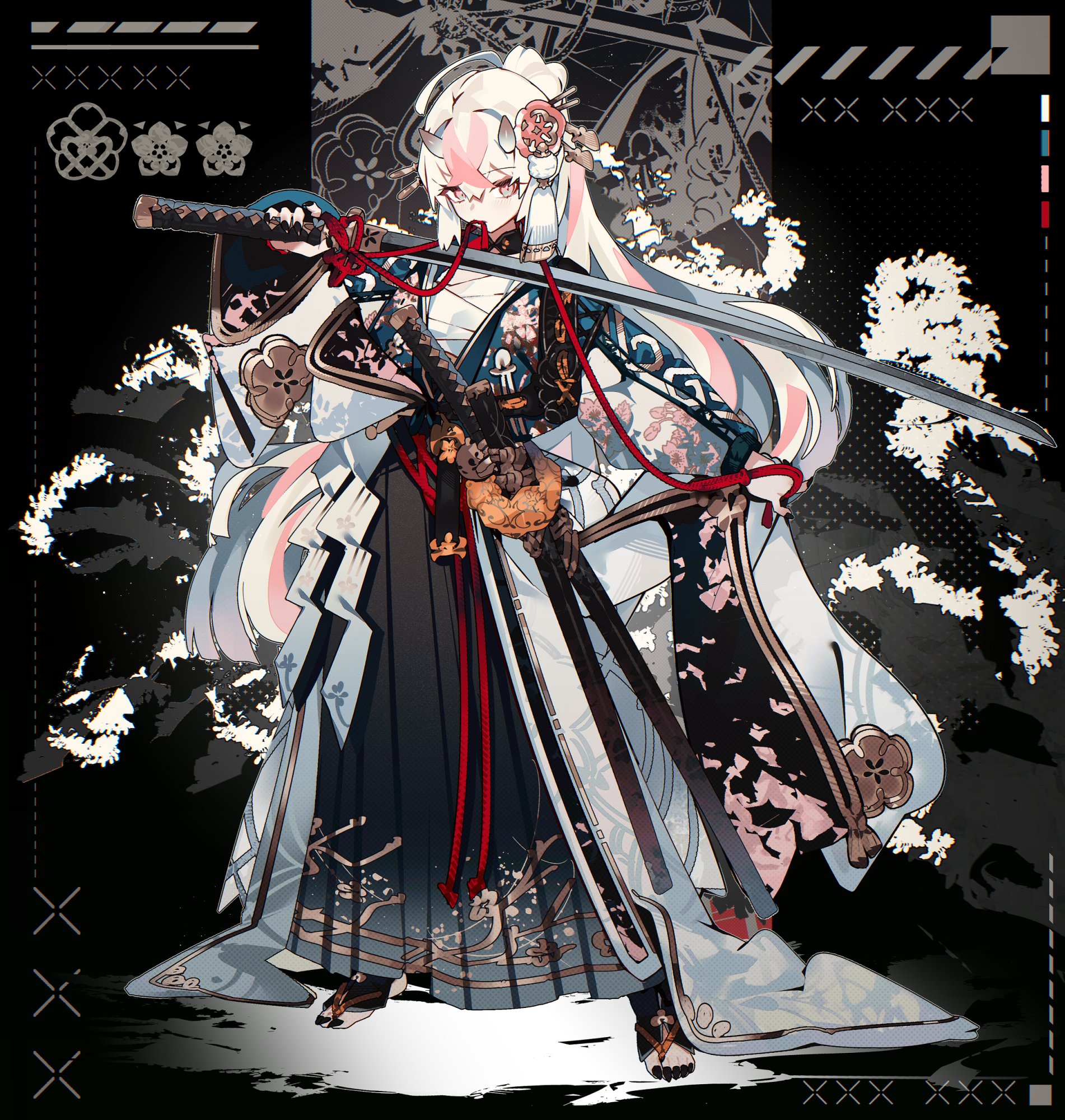 a dynamic illustration showcases a female character with long flowing white hair and small horns, suggesting an oni or demon lineage.  she wears an elaborate kimono with floral patterns and a predominantly black and white color scheme, accented with red.  her stern expression and firm grip on the katana strapped across her chest project an aura of power and readiness. the background features abstract brushstrokes and floral elements, further emphasizing the japaneseinspired aesthetic.