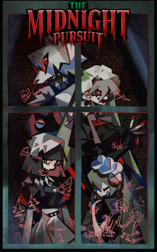 the image is a piece of fanart for "the midnight pursuit", likely a game or animation.  it's a stylized illustration featuring four female characters depicted in a geometric, almost abstract style. the characters are presented in a window pane format, four separate images within one frame. the overall color scheme is dark, using shades of black, gray, red, green, and blue. there's graffitilike markings on the window panes, adding a mysterious and cryptic element. the style is reminiscent of anime or manga, but with a unique, heavily stylized approach.  the characters themselves have unique designs, with angular features and bold color choices. the piece evokes a sense of mystery and intrigue.