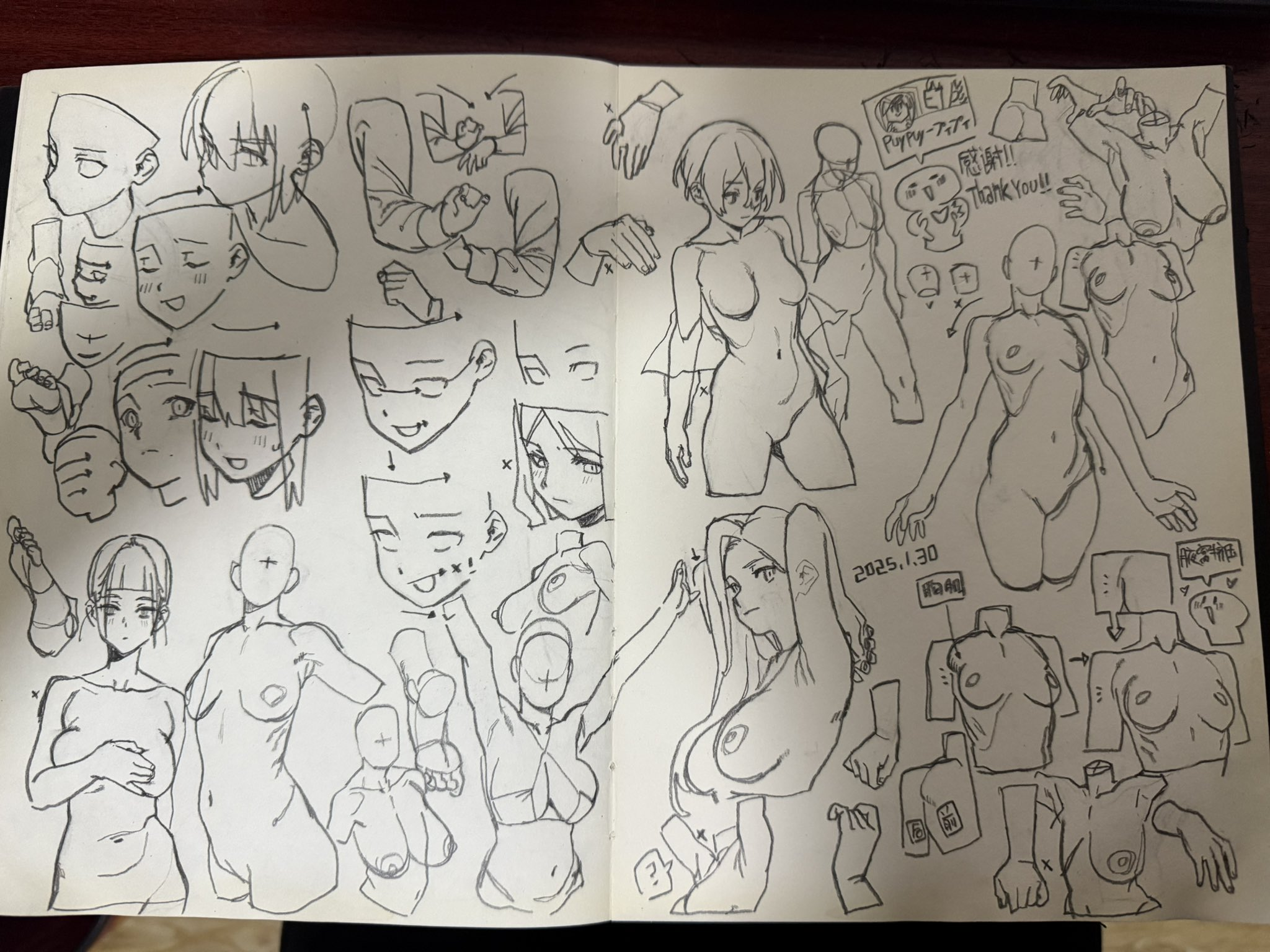 the image shows two pages of a sketchbook filled with pencil sketches in a manga/anime style. there are various anatomical studies of female figures, including full bodies, torsos, heads, hands, arms, and facial expressions. some sketches are fragmented, focusing on individual body parts. there are also handwritten notes and dates (2025.1.30) in japanese, suggesting the date of creation.